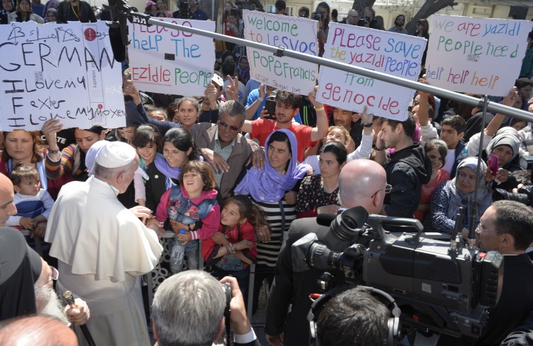 Papa Francesco, Bartolomeo I e Ieronymos II al Mòria refugee camp (Lesbo, 16 aprile 2016)